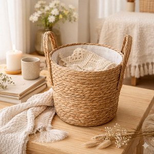 Panier de rangement rond en osier, écologique, pour linge et jouets, avec poignées, pour la maison, la chambre et le salon - Product Image 2