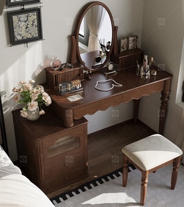 Modern <strong>Walnut</strong> Brown Makeup Vanity Set Standing Lighted Mirror Stool Turned Legs Bedroom <strong>Dressing</strong> <strong>Table</strong> for Bathroom/Living Room - Product Image 1