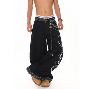 Black Wide Leg Men <b>Jeans</b> Printed <b>Flared</b> Denim Look Casual Streetwear Trousers for Autumn - Product Image 1