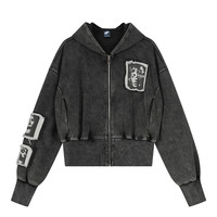 Cardigan à capuche rétro punk délavé pour homme et femme, tendance, marque streetwear, veste matelassée brodée avec fermeture éclair, motif cœur