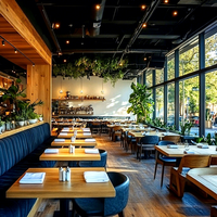 Ron Group Maßgefertigtes Modernes Restaurant-Set Samt-Sitzecke mit Hoher Rückenlehne Holz-Quadrattisch Lederstuhl Möbel für Cafés