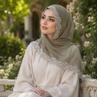 Élégant châle musulman en polyester doux avec bordure en dentelle florale 180*70cm, 10 couleurs unies en stock, hijab en mousseline pour usage quotidien et festivals