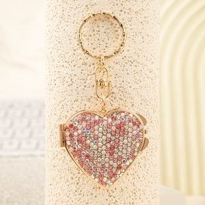 Mini Heart Bling <b>Pink</b> Rhinestone Compact Mirror Keychain Light Gold Electroplated Metal <b>Frame</b> Dual Sided HD Glass Pocket Mirror - Product Image 1