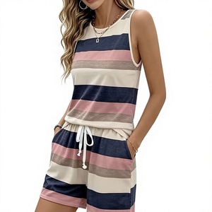 Women Black O-Neck Regular Fit Sporty Knitted Spandex Polyester Set with White Trim Floral Print Breathable Summer Wear - Product Image 3