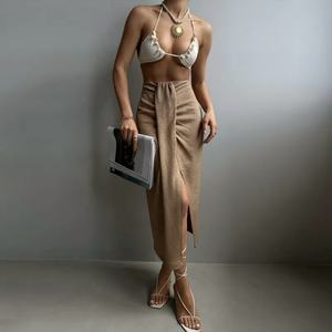 Nouvelle conception jupe longue maxi drapée en coton et lin à taille haute fendue, style décontracté et tendance pour femme - Product Image 5