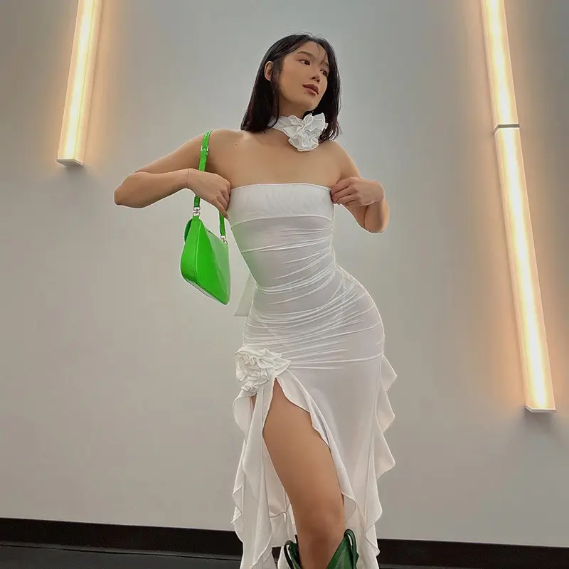 3D Flower Elegant Sleeveless Straps Sexy Dress for Women Mesh See-through Bodycon Tassel Fashion Night Dresses for Woman