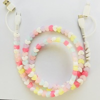 Câble de charge pour téléphone en forme de cœur de couleur bonbon, perlé à la main, multifonction 2 en 1, cordon de données