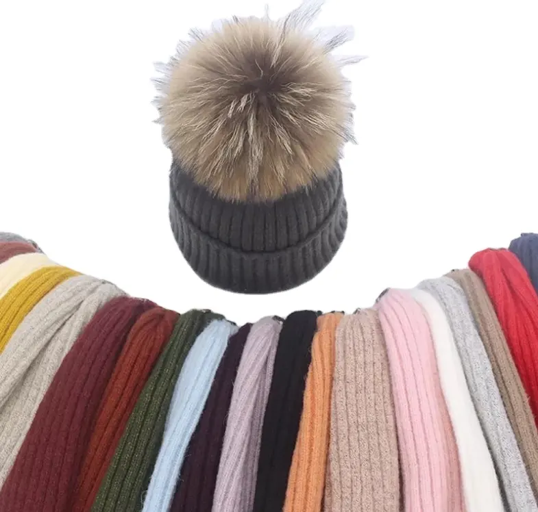 Wholesale Warm Winter Chunky Knit Satin Lined Beanie Custom Faux Fur Pom Pom Hat Women Ski Cap