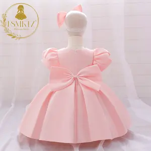 Pink Bubble Sleeve Dress With 4 Bow Decorations And Free Headband For Newborn Infant Baptism 3M-3 Years Girls' Dress