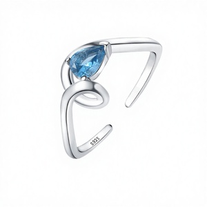 Fashion Unique Twist Curve Rhodium Plated Sterling 925 <b>Silver</b> Waterdrop Blue Zircon Open <b>Adjustable</b> Wedding <b>Ring</b> for Women - Product Image 2