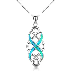 TZRS Irish Celtic Knot Erstellt Opal Anhänger Halskette Sterling Silber Schwarz Halsketten für Frauen Männer 18"