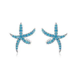 Qings Blue CZ Starfish 925 Sterling Silver Earrings Studs for Women and Girls