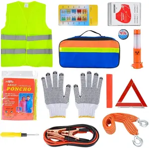 Car Roadside Emergency Tool Kit Car Safety Kit with Jumper Cables Warning Triangle Tow Rope Utility Hammer