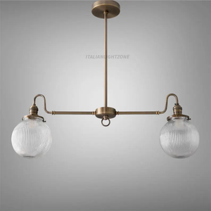 Lustre en laiton avec abat-jour en verre côtelé, suspension linéaire à 2 lumières, luminaire de plafond italien de style mid-century pour cuisine et salle à manger - Product Image 3