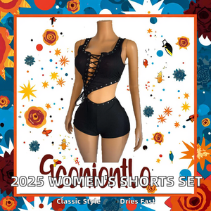 Ensemble 2 pièces en jean vintage pour femme, automne-hiver 2025, haut brodé imprimé et short mi-cuisse, séchage rapide, personnalisable - Product Image 2