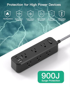 Multiprise américaine avec protection contre les surtensions, 6 prises AC, 2 ports USB Type C, 10A 125V, cordon tressé pour la maison et le bureau - Product Image 4