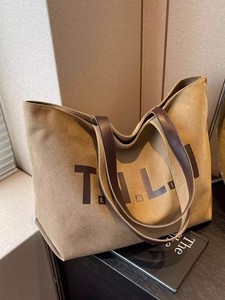 Eco Friendly Canvas Tote Bag with Leather Handle and Letter Print Reusable <b>Handbag</b> - Product Image 2