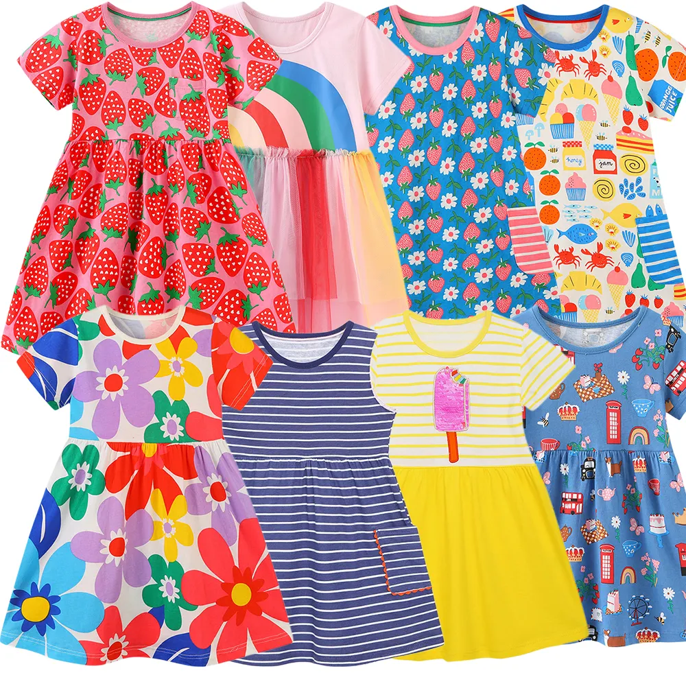 Boutique Großhandel Sommer Cartoon Vogel Rosa Blau Druck Kurzarm Kleidung Party Kinder Mädchen Dressing