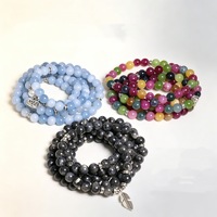 Collier Mala en pierre naturelle de 8 mm, aigue-marine, pendentif cœur en quartz rose avec arbre de vie, cadeau bohème pour la méditation et la prière