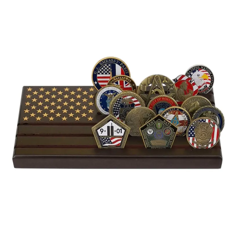 6 Rows Coin Holder,US Army Military Collectible Challenge Coin Display Case American Flag Wood Stand,Holds 30-36 Coins