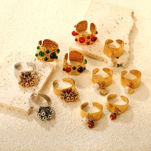 Joyería de Acero Inoxidable, Chapado en Oro de 18K, Anillos Abiertos con Esmalte Mixto, Juego de Anillos con Gemas Coloridas y Perlas para Mujer - Product Image 1