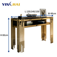 Table console de luxe en acier inoxydable 201 avec cadre en métal doré sur mesure, plateau en verre noir, mobilier pour suite d'hôtel