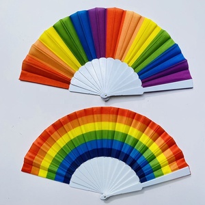 New Arrival Wholesale Retro Style Plastic Hand Held Folding Fans Bulk Promotional Digital Printing 23cm Rainbow for Party