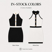 Robe moulante en maille pour femme, personnalisable avec logo OEM/ODM, style chic français contrastant, boutons dorés, col halter perlé, mini, sans manches, pour l'été