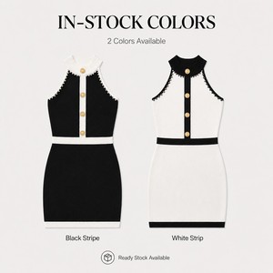 Robe moulante <span class=keywords><strong>en</strong></span> maille pour femme, personnalisable avec logo OEM/ODM, style chic français contrastant, boutons dorés, col halter perlé, mini, sans manches, pour l'été - Product Image 5