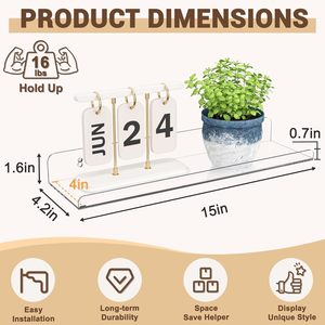Floating Acrylic <b>Wall</b> <b>Shelf</b> Transparent Rectangle Storage Rack <b>Wall</b> <b>Mounted</b> Type for Miscellaneous Items - Product Image 4