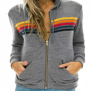 <strong>Women's</strong> Casual Autumn <strong>Fleece</strong>-Lined Hooded Full-Zip Sweatshirt Colorful Striped Accents Loose Relaxed Fit Soft Warm <strong>Fleece</strong> - Product Image 5