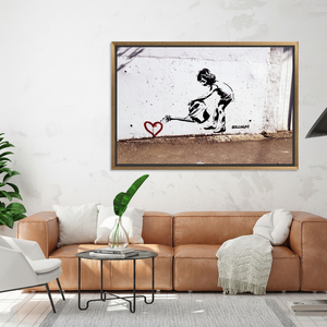 Printed Banksy Children Watering Heart <b>Canvas</b>: Street Art Decor,GOLD <b>FRAMED</b> <b>CANVAS</b> - Product Image 3