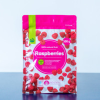 Op maat bedrukte platte bodemzak met hersluitbare ritssluiting, frambozen gedroogd fruit, plastic voedselverpakkingszak met levendige full colour print