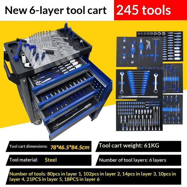 245PCS Carbon Steel Hand Tools Set Mobile Tool Cart Cabinet Trolley 7 Drawers OEM 300kg Load Capacity for Workshop Maintenance