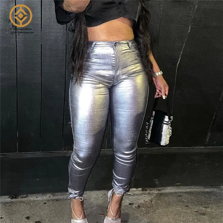 H6038C Metallic Color Solid Pants Women Pu Leather High Waist Button Zipper Skinny Trousers Casual Hipster Bottoms Y2k Clothes