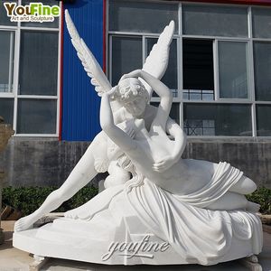 Antieke Levensgrote Wit Marmer Cupido en Psyche Standbeeld - Product Image 4