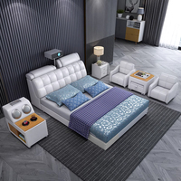 Lit king-size multifonction intelligent avec cadre en bois moderne, fonction de massage, double rembourrage en cuir, garantie de 3 ans