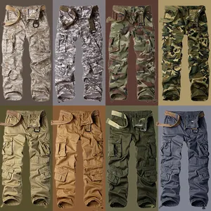 Calças esportivas camufladas para homens, calças casuais de algodão 100% de algodão para esportes ao ar livre, logotipo personalizado multi-saco solto