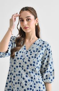 ชุดเดรสผ้าคอตตอนพิมพ์ลายแขนยาวคอวีมีกระเป๋าสำหรับผู้หญิง - Product Image 3