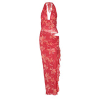 Robe longue sexy à col halter profond en V et volants pour femme, sans manches, dos nu, taille haute, moulante, imprimé floral, ensemble formel