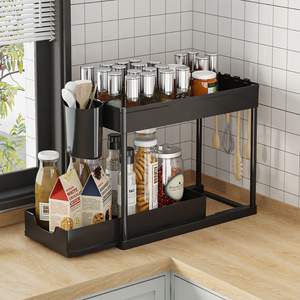 2 livelli sotto il lavandino estraibile organizzatore di stoccaggio in plastica per cucina e bagno ripiano organizzatore Rack con ganci appesi - Product Image 5