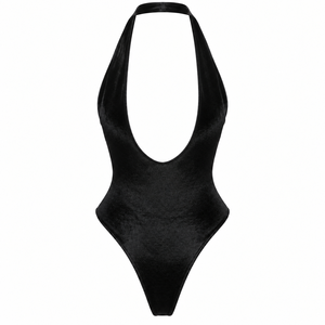 Velvet Halter One Piece <b>Swimsuit</b> Deep V <b>Neck</b> <b>High</b> Cut Backless Beachwear for Women - Product Image 2