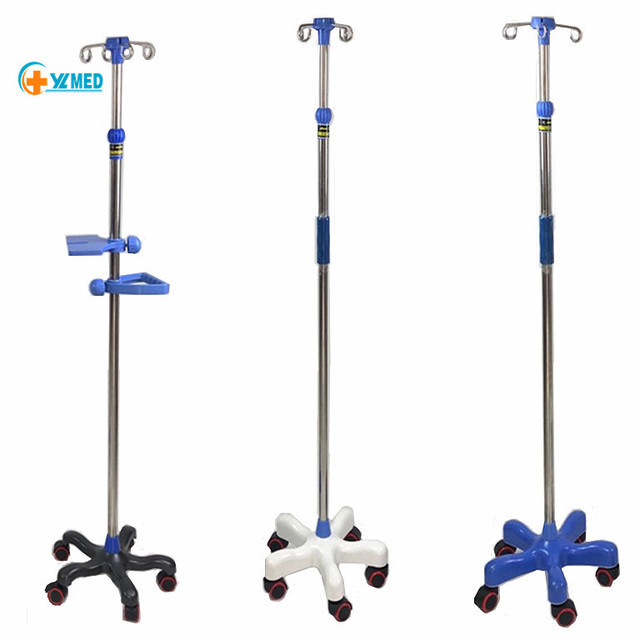 IV Pole Stand with Wheels Ergonomic Medical IV Fluid Bag Portable Stainless Steel IV Pole with Tray for Hospital CE/ISO