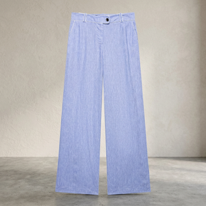 Pantalon large taille haute pour femme en coton Oxford bleu uni, coupe décontractée, longueur intégrale, fermeture boutonnée, devant plat, idéal pour l'été - Product Image 4