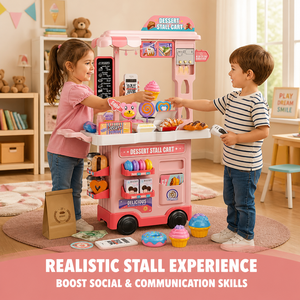 89 pièces Chariot de jeu de supermarché pour enfants, <span class=keywords><strong>avec</strong></span> <span class=keywords><strong>caisse</strong></span> <span class=keywords><strong>enregistreuse</strong></span>, scanner, sons et lumières, <span class=keywords><strong>jouet</strong></span> éducatif STEM, thème stand de desserts, 3+ - Product Image 3