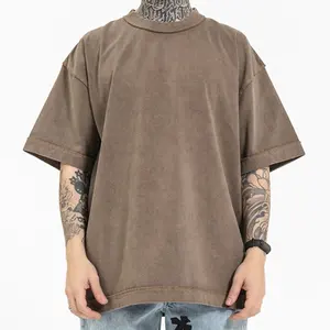 Özel yıkanmış büyük boy erkek tişört bırak omuz moda Vintage sokak Hip Hop düz renk gevşek erkek rahat Tee gömlek