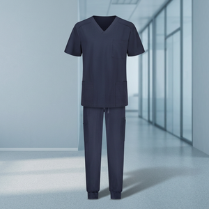Ensemble de blouses médicales unisexe bleu marine à manches courtes avec poches et pantalon à cordon, uniformes d'hôpital en coton et polyester tissé - Product Image 2