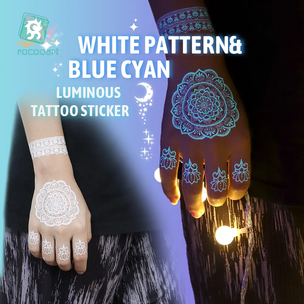 Rocooart Temporary Makeup Tattoos Flower Bird Leaf Moon Star Tattoo Designs With White Lace Glowing Tattoo Stickers