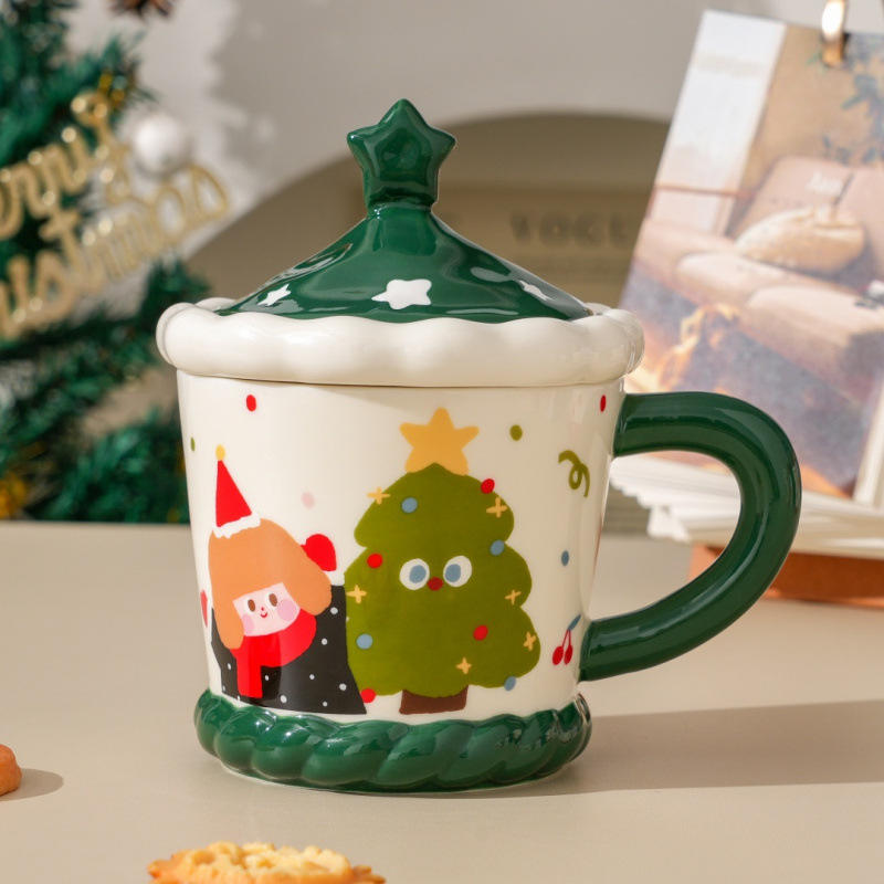 Tasse de conte de fées de forêt de Noël-tasse-vert + couvercle