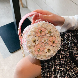 새로운 어린이 싱글 숄더 백 소녀 다목적 액세서리 작은 라운드 가방 귀여운 아기 소녀 진주 꽃 지갑 - Product Image 1